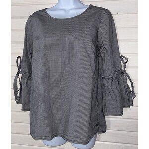 J CREW Sz MEDIUM Black White Micro Gingham Bell Sleeve Pullover Blouse EUC